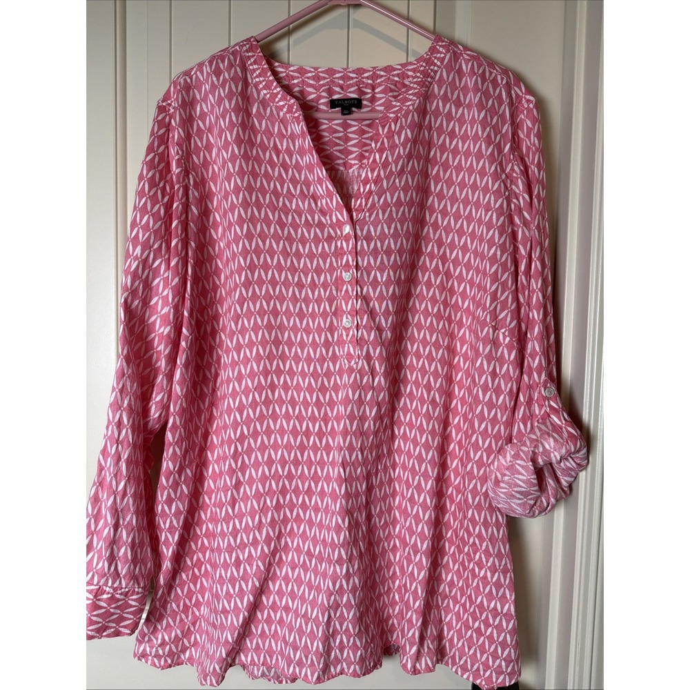 Talbots 3X Linen Pink Peach Natural Beach Tunic Blouse V Neckline Rolled Sleeves - Picture 2 of 9